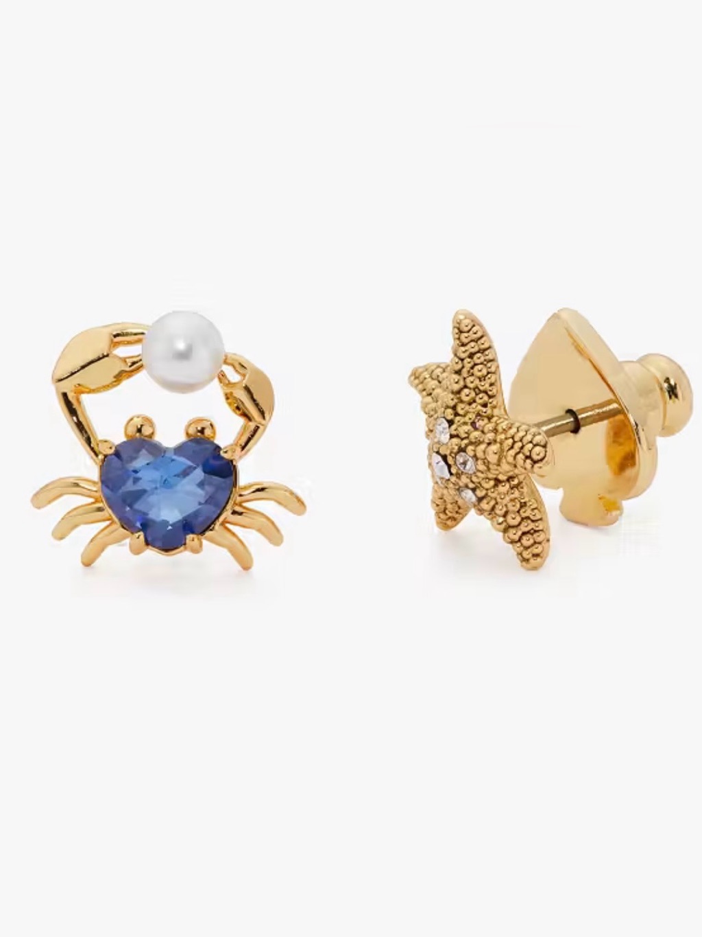 Kate Spade Gold Crab And Starfish Nautical Stud Earrings With Blue Heart Gem